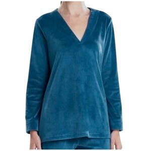 N NATORI Teal Blue SUPER SOFT VELOUR VELVET Lounge Top Shirt V-Neck Stretch S